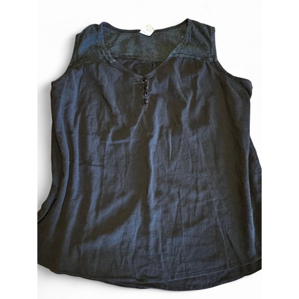 Y2K Faded Glory Cotton Lace Shoulder Black Gothic Sleeveless Button-Front Top